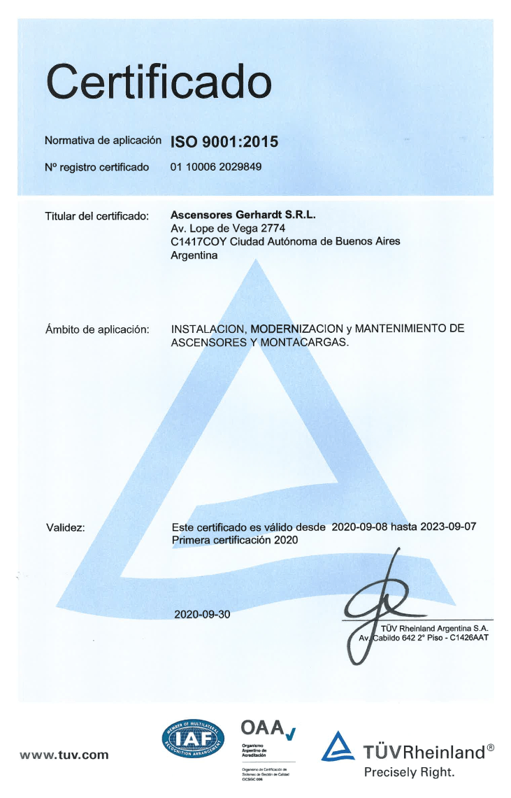 Ascensores Gerhardt SRL, empresa Certificada bajo Normas ISO9001